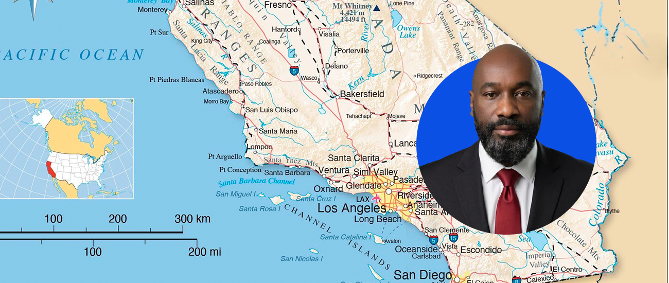 Ugo Asobie with a map of California in the background.